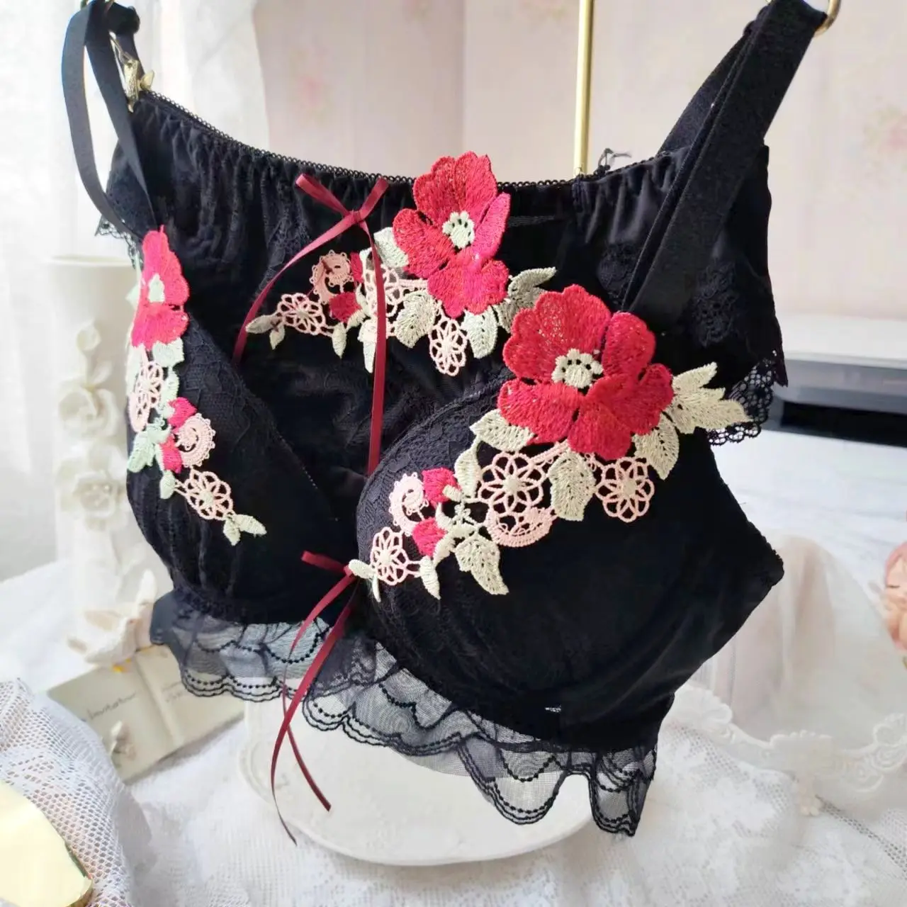 Net Lace Floral Embroidered Bra Panty - 3 Set, Lingerie, Bra and