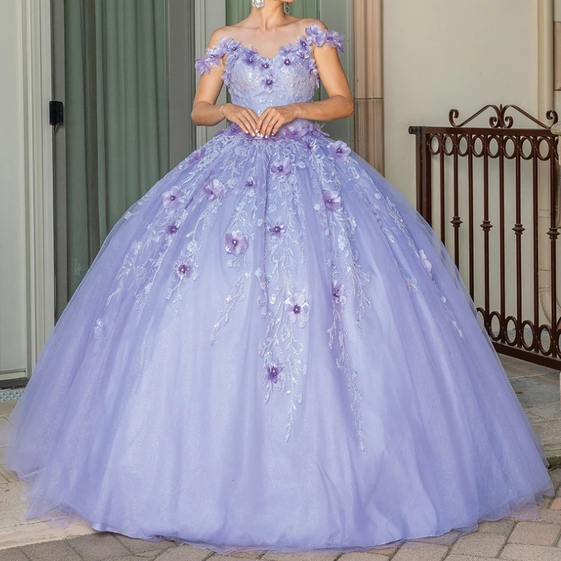

Lavender Quinceanera Dresses Off Shoulder Medieval Prom Dress 3D Flowers Applique Tull Lace Up vestido De 15 Anos Robe Ball