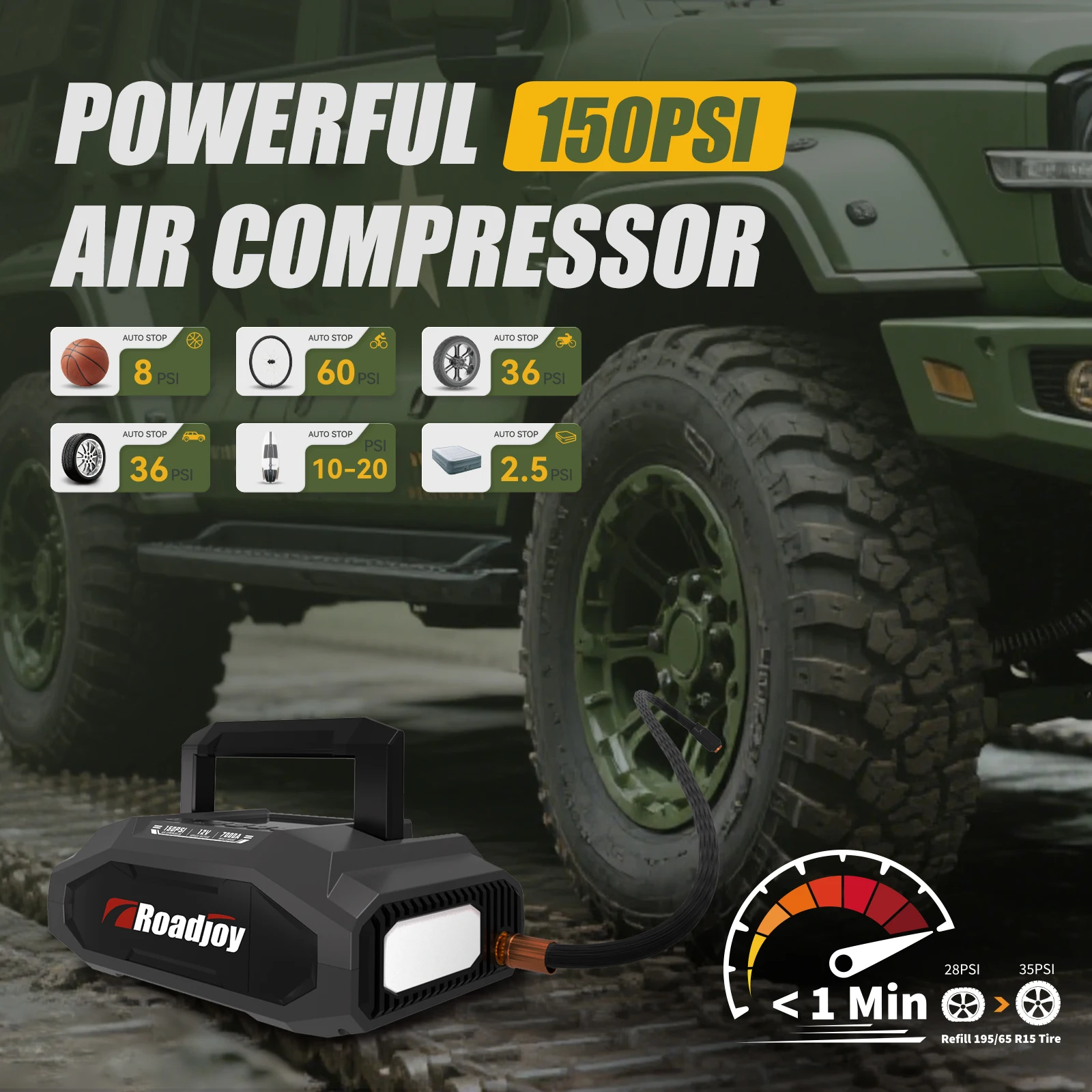 Roadjoy Car Jump Starter Compressore d'aria 5000A/7000A Caricabatteria Power Bank di emergenza Booster per 12V Benzina e Diesel - immagine 3
