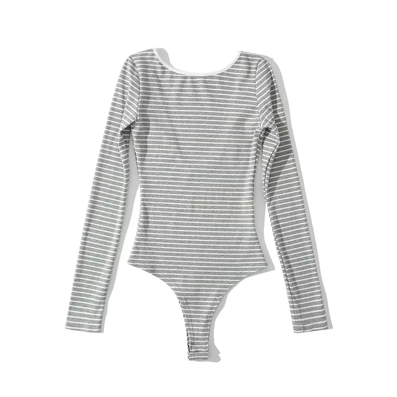 Women Cotton Low Back Long Sleeve Black And White Striped Bodysuit