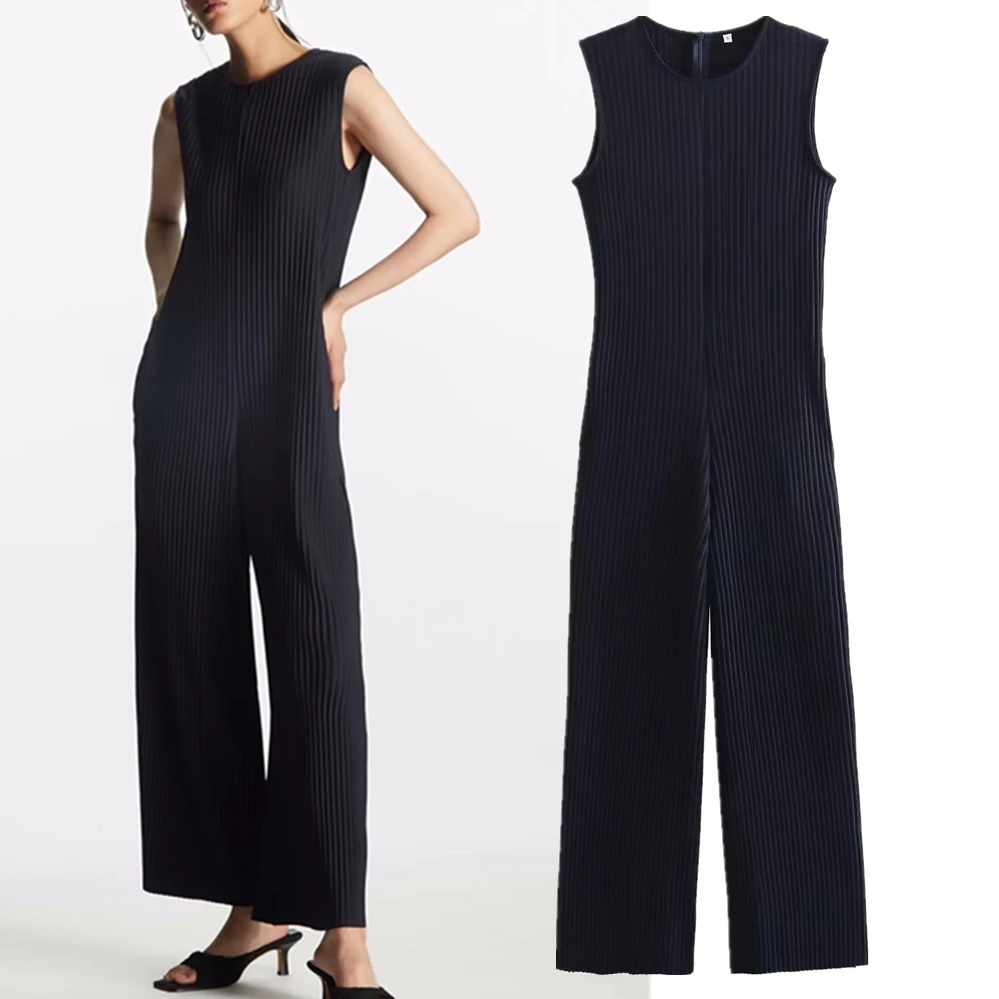 Withered French Elegant Navy Blue Knit Pleated Jumpsuit Fashion Ladies Casual Commuter Sleeveless Jumpsuit Overalls Women