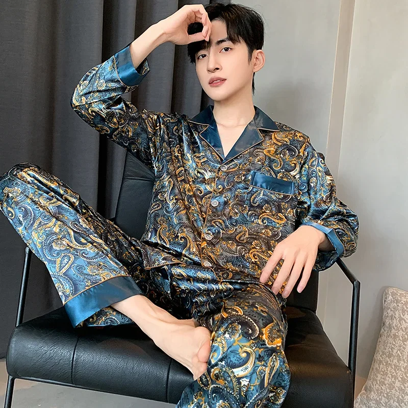 Mens Stain Silk Pajama Sets Long Sleeve Short Sleeve Shorts Men Pijama Printed Pajamas Men Sleepwear Thin Silk Pajama For
