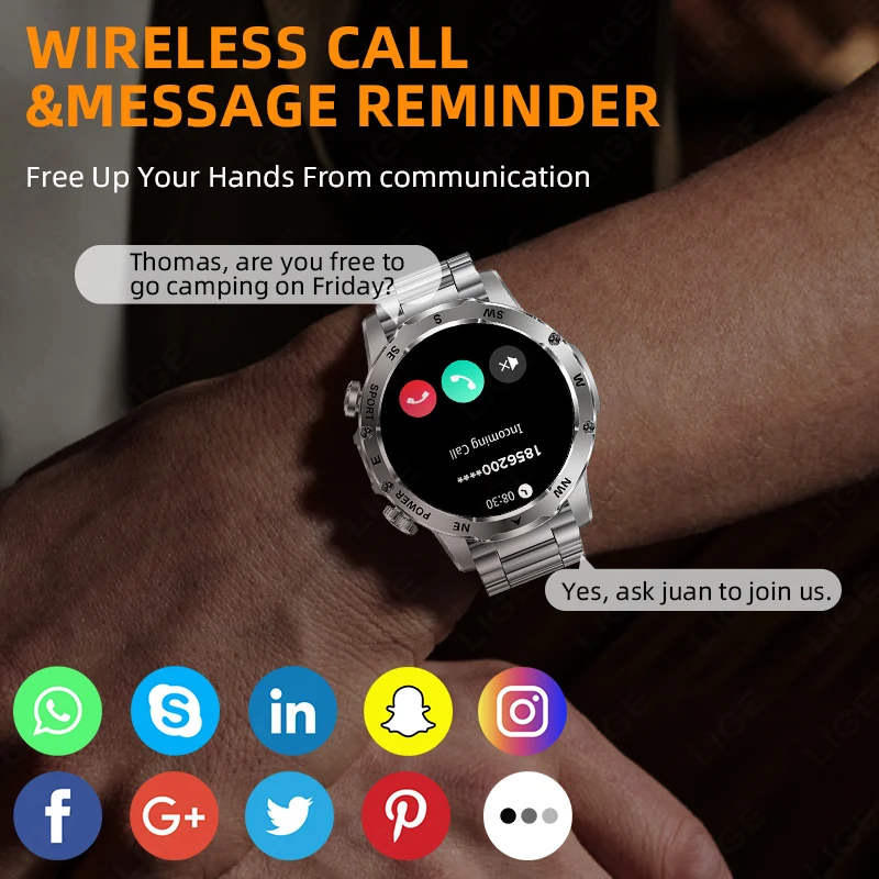 LIGE New 800mAh Battery Smart Watch Outdoor Sports Compass LED Flashlight Bluetooth Talking Smartwatches For Men Health Monitor