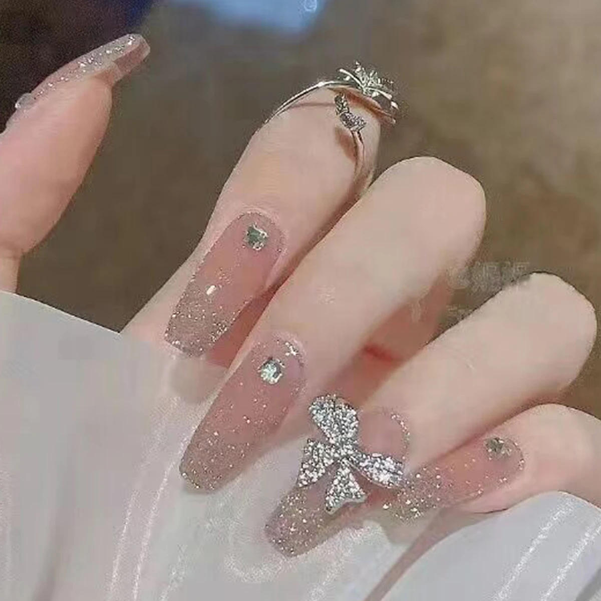 Description Picture 5 of itemNew Women Girls 24Pc/Set Medium Ballet French White Camellia Stone Decoration Full Coverage Wearable Fake Nail Press on Nail Art