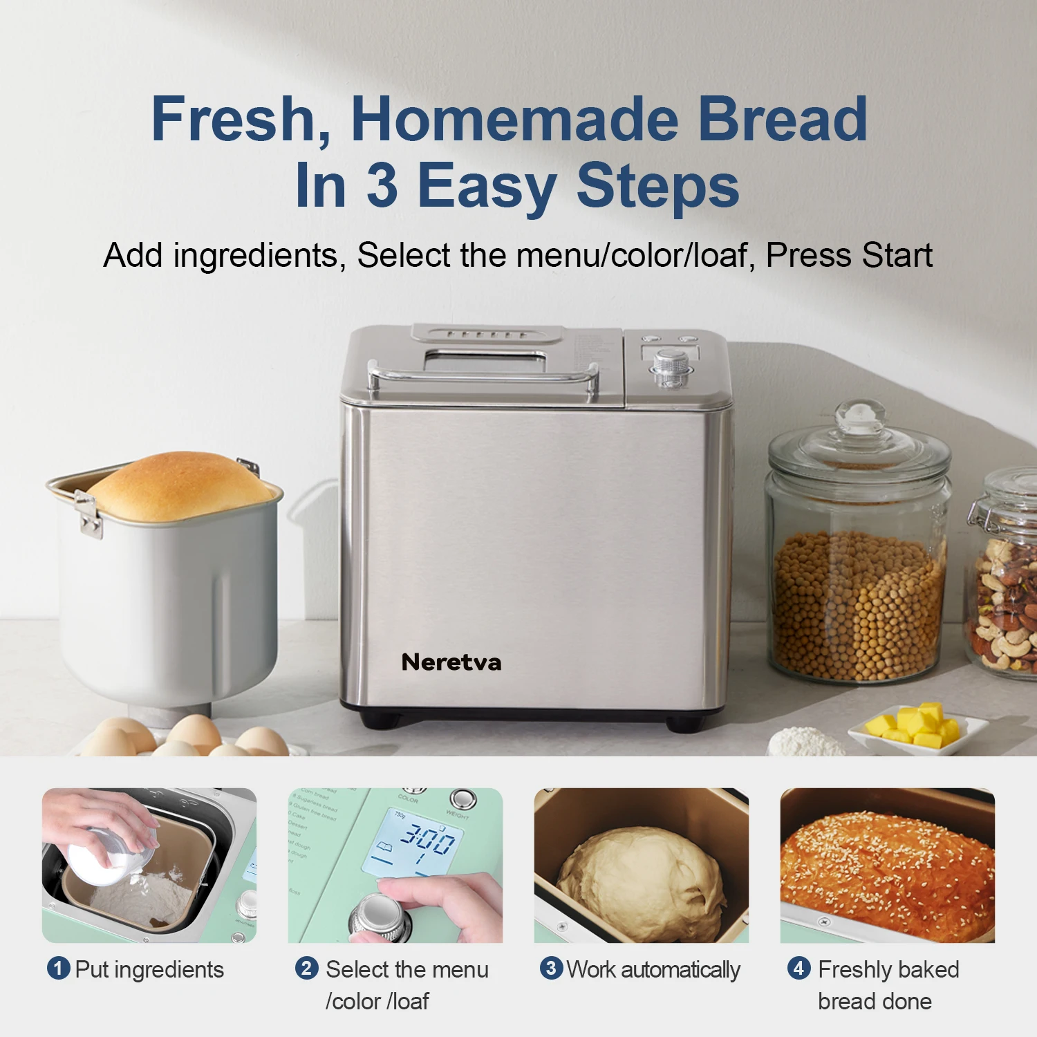 Neretva 20-IN-1 Bread Maker, Dual Heater 2LB Bread Machine BPA-Free Material & Nonstick Ceramic Pan Compact Maker Machines