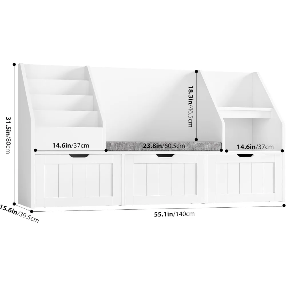 55.1’’ Kids Bookshelf with Reading Nook, Toy Storage Organizer with Seat Cushion and 3 Movable Drawers, Kids Reading Nook 3