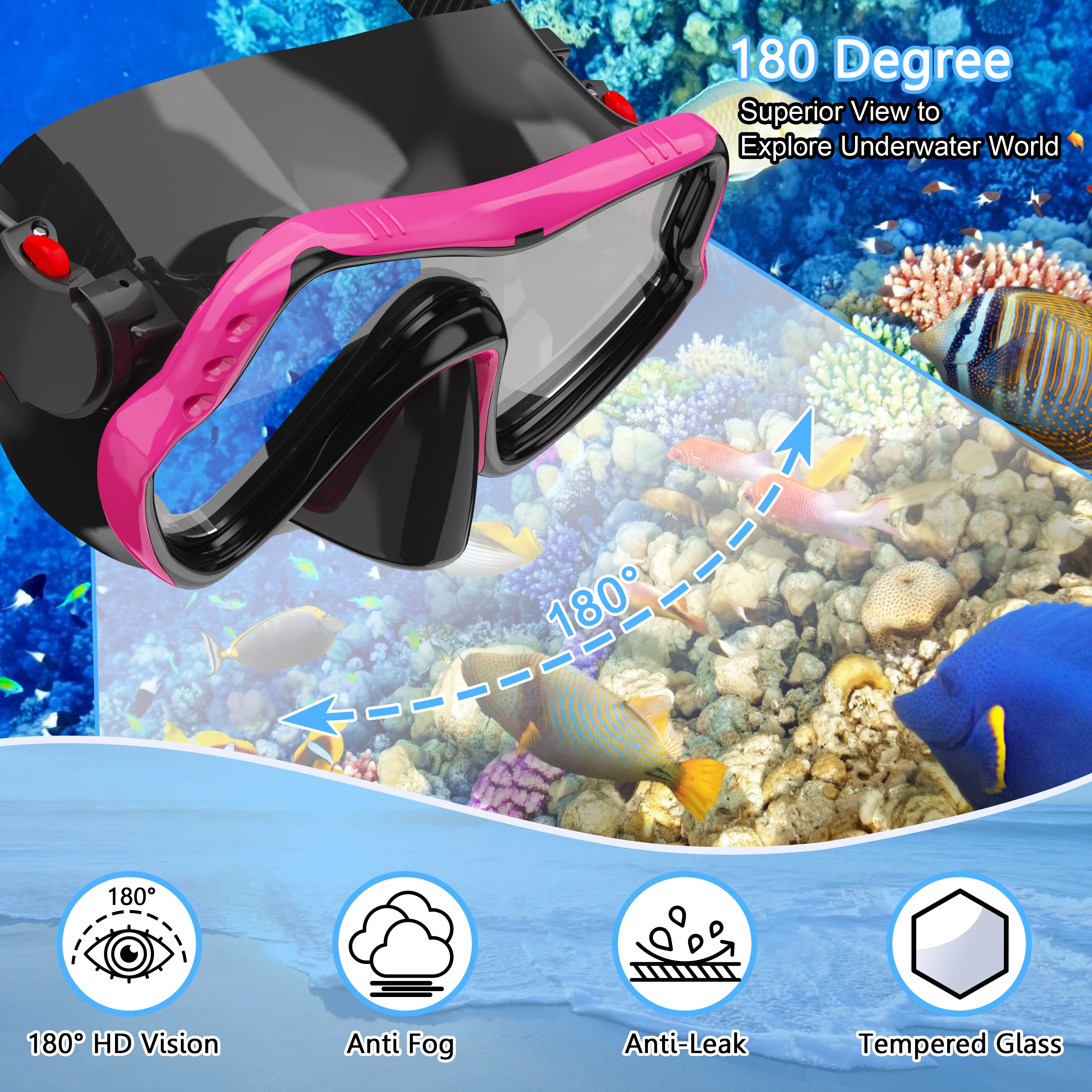 Snorkel Mask Swimming Goggles Anti-Fog HD Glass Large Frame Diving Mask with Nose Cover for Adults Youth