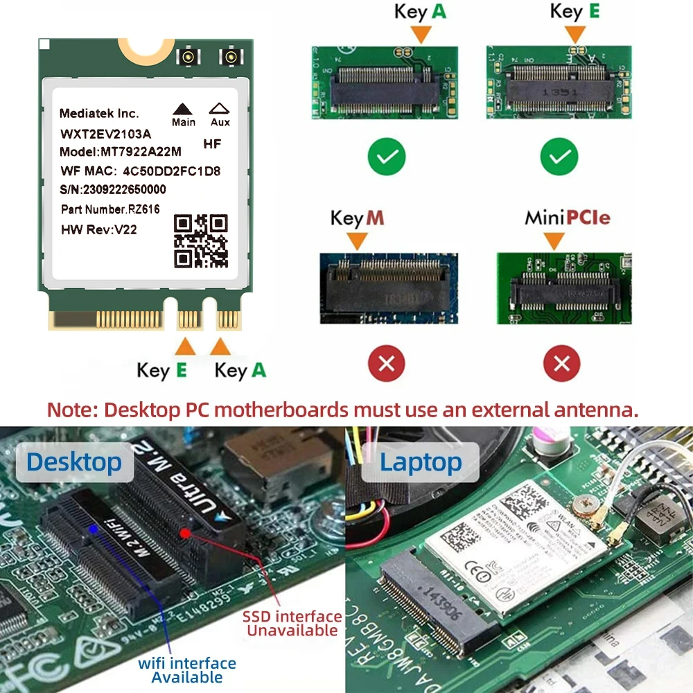 Placa de Rede sem Fio com Antena Grupo Wifi6e Mt7922 Bluetooth 5.2 2.4g 5g 6ghz M.2 Ngff 5374m pc Laptop Win10 11 - Imagem 4