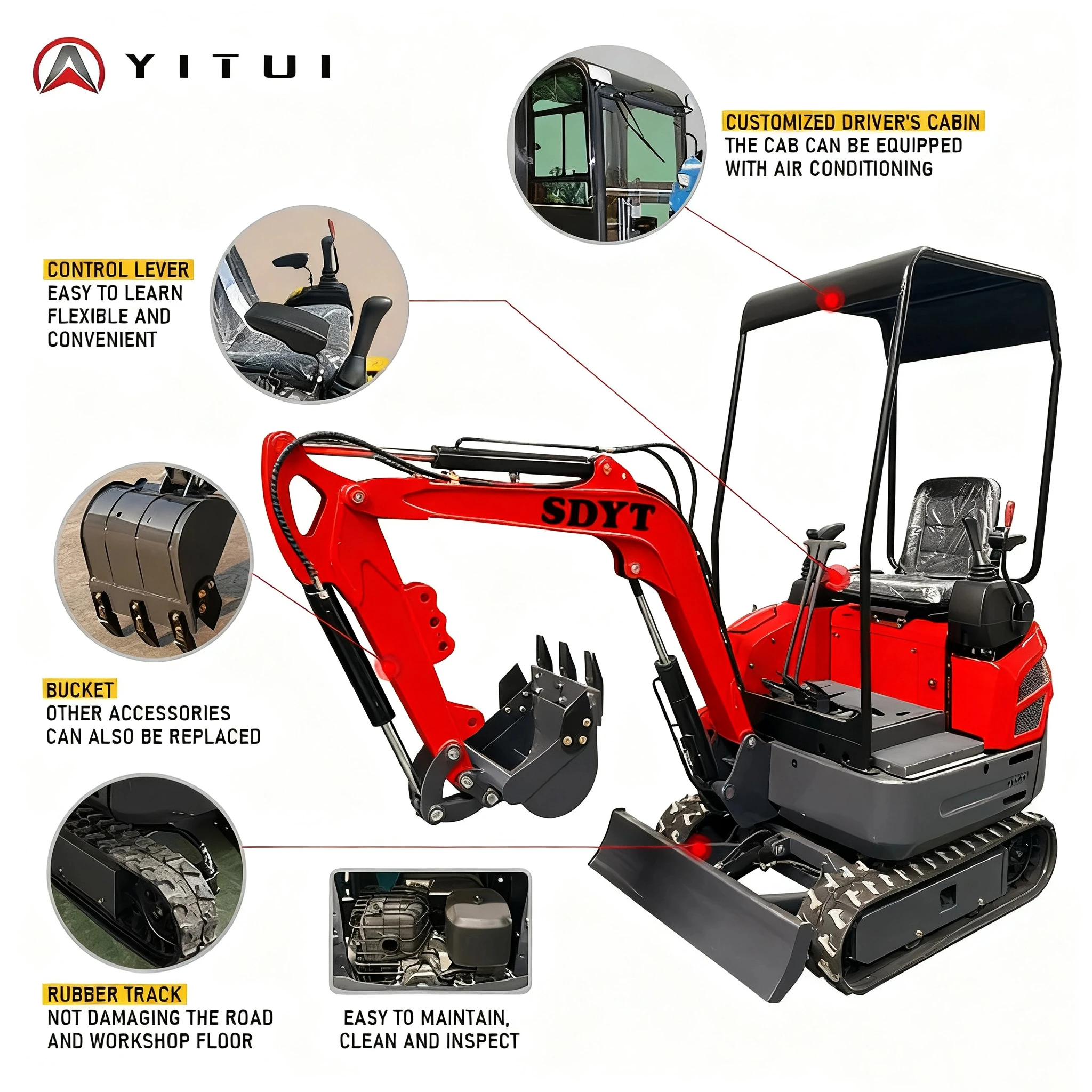 YITUI 2.0 Ton Mini Excavator, Powerful Engine, Customized High Quality Model, Euro 5 EPA, Multiple Attachments, Multipurpose Use - Image 3