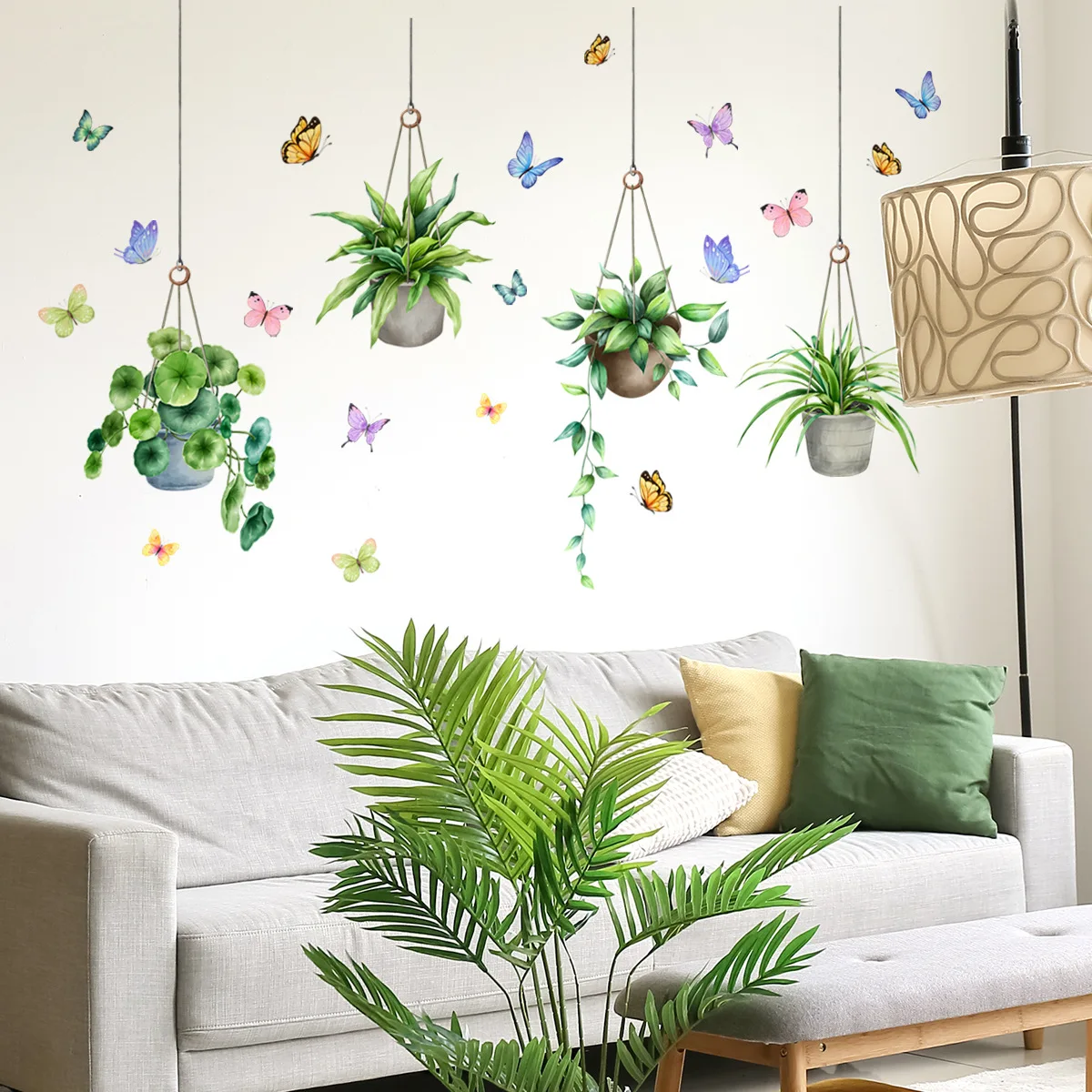 Plant Butterfly Wall Sticker Self-Adhesive Green Leaf Decal for Living Room Bedroom Background Wall (30x60cm, 2-Pieces in 1)