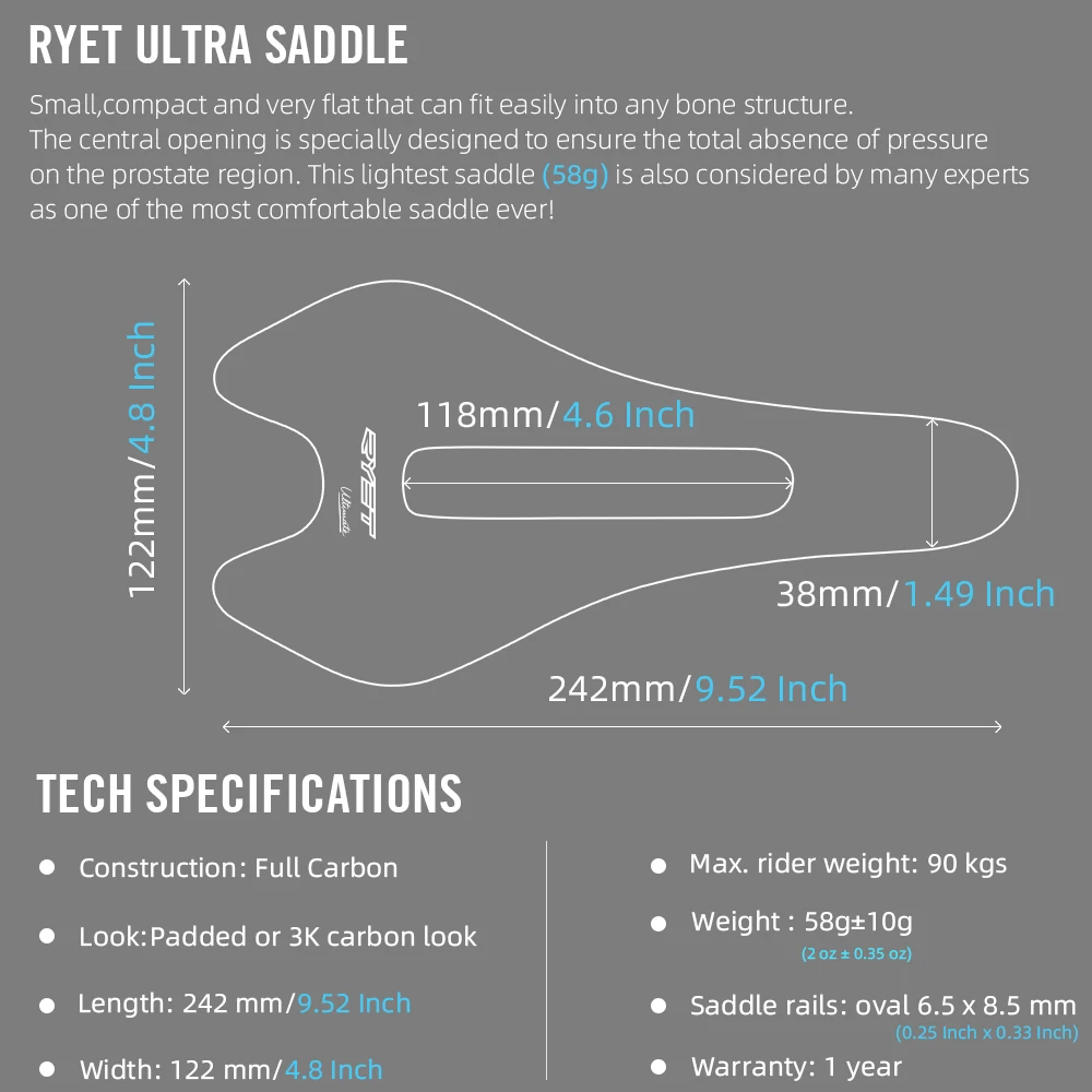 RYET Ultralight 58g Full Carbon Bicycle Saddle 3K Weave Oval 6.5x8