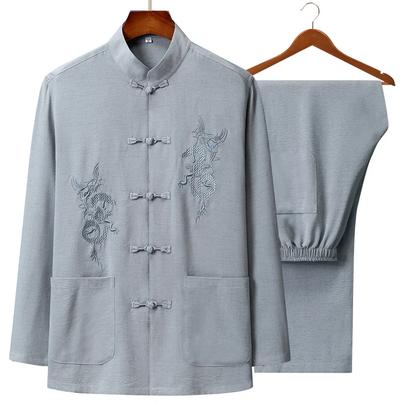 Embroidered Dragon Men's Tang Suit Plus Size Cotton Linen Kung Fu Suit ...