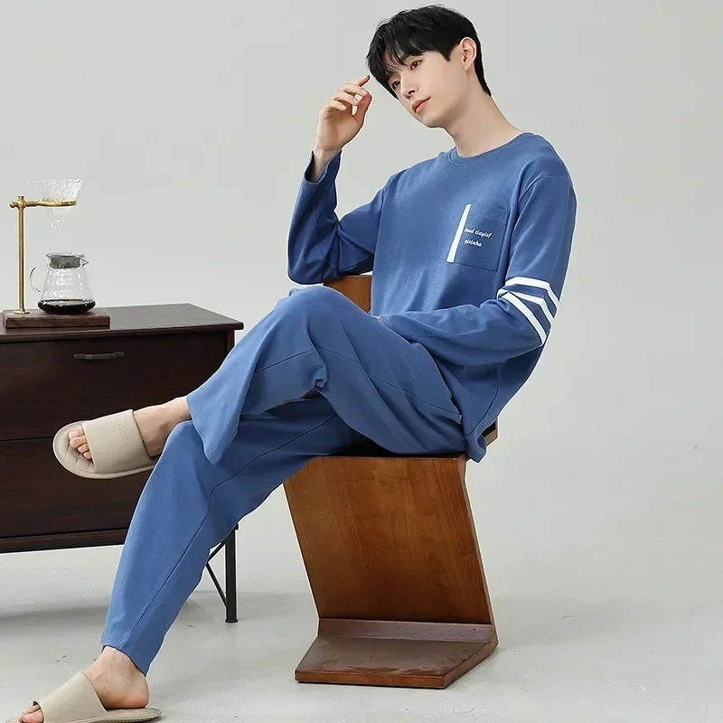 

Tops Round Neck Sets Sleeve Korean And For Sleepwear Pyjamas Long Pants Men's Print Homewear Pajamas New 2023 Nightgown