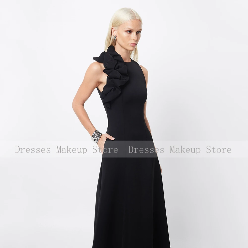 Black Prom Dress Maxi Ruffle O Neck A Line Ankle Length Simple Party Gowns for Women Sleeveless Pockets Evening Dresses
