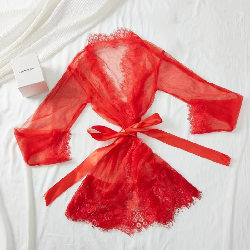 Women Sleepwear Robes Pajamas Nightdress Underwear L XL XXL Lace Thin See Through Gauze Girdle