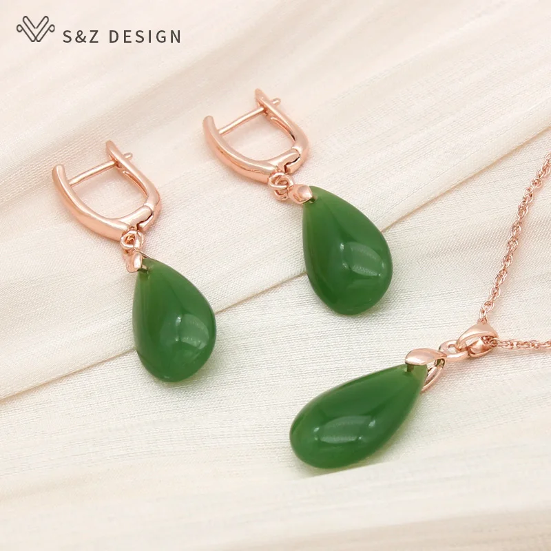 S&Z DESIGN New Fashion 585 Rose Gold Color Water Drop Dangle Earrings Jewelry Sets For Women Wedding Classic Pendant Necklace