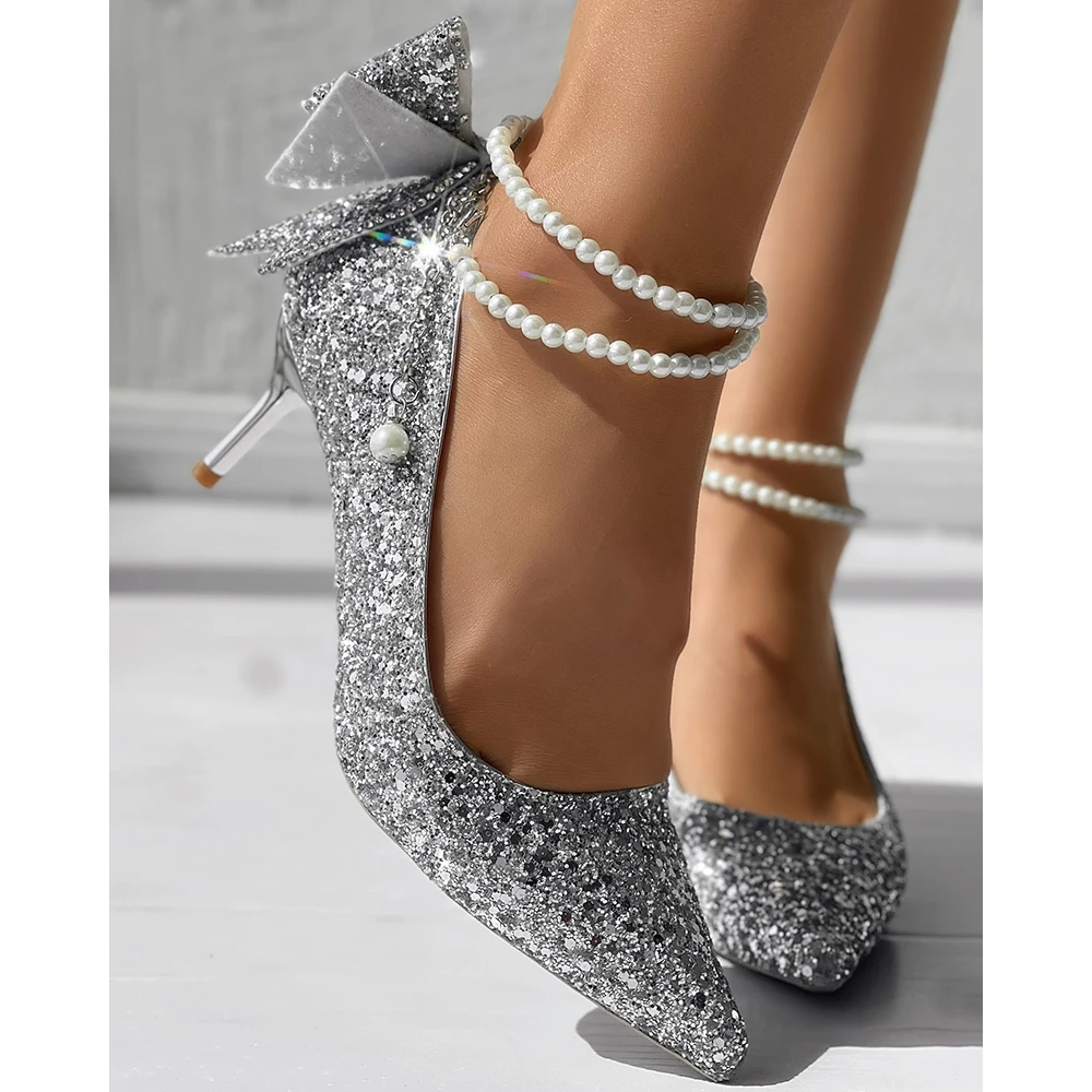 Women Sequin Bling Pointed Toe Beaded Bowknot Decor Pumps Autumn Daily Casual Thin Heel Shoes 2024 Korean Style Spring Autumn