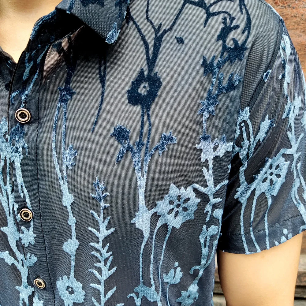 Casual Shirts Men Social Party Lace Sheer Blouse Hollowout Fashion Floral Transparent Shirt Man See Through Sexy Men Shirt