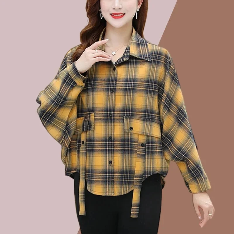 

2022New Blend Coton Shirt Women's Temperament Brushed Shirt Plaid Outer Wear Long-Sleeved Elegant Jacket Female Button Shirt 5XL