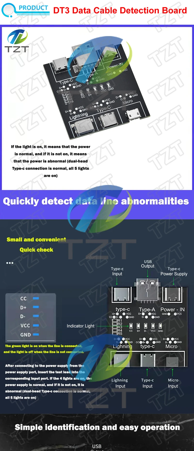 DT3 Datenkabel-Erkennungsplatine Typ C Micro-USB-Tester Kurzschluss-Diagnosetool für iOS und Android Ein/Aus-Schaltfunktion – Detail 1