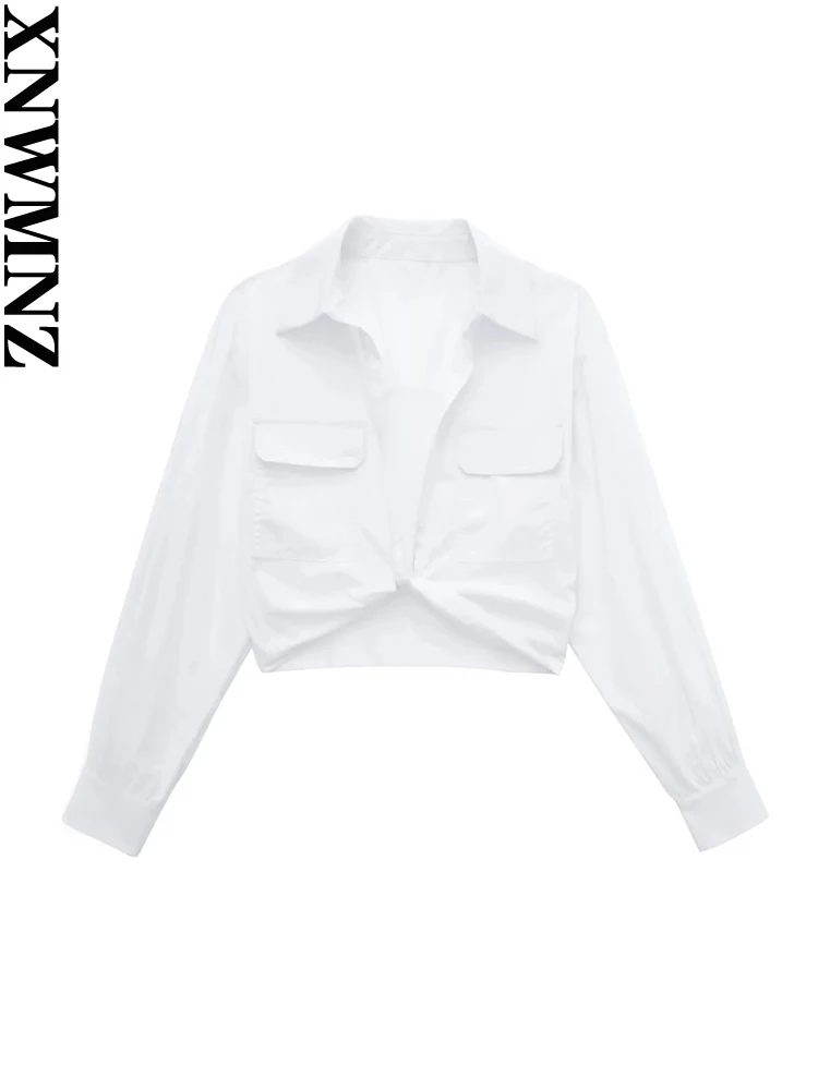 

XNWMNZ 2023 Women Fashion Cropped Poplin Shirt Woman Vintage V-Neck Long Sleeve Invisible Side Zipper Top Female Blouse