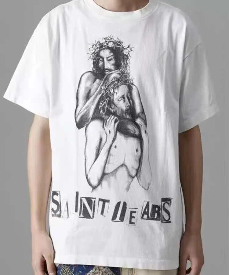 

Футболка мужская оверсайз с принтом святого Михаила и Иисуса, тенниска с круглым вырезом и коротким рукавом, майка в стиле Харадзюку