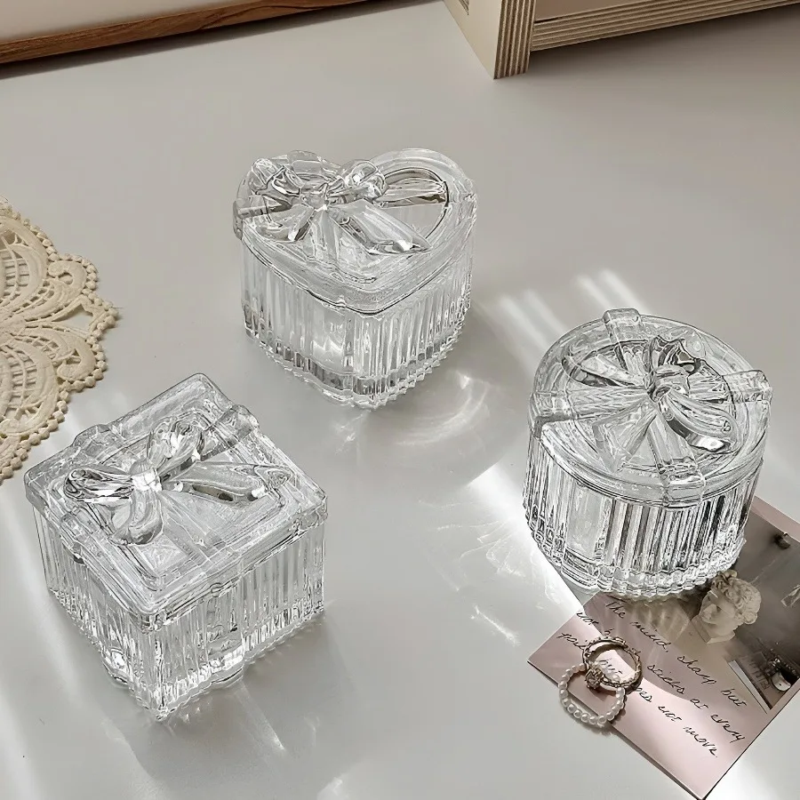 Bowknot Crystal Glass Jewelry Storage Box-Transparent Exquisite Organizer with Lid Multifunctional Home Decor for Dressing Ta