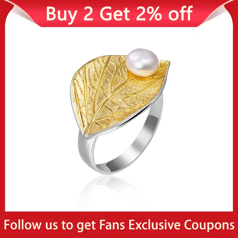 Lotus Fun Real 925 Sterling Silver Natural Pearl 18K Gold Leaf Ring Fine Jewelry Creative Designer Open Rings for Women Bijoux