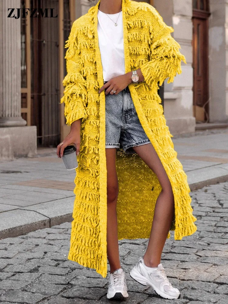 

Solid Color Knitted Tassels Long Coat Trendy Clothes For Female Long Sleeve Loose Fit Cardigan Outwear Sweat Casual Lounge Coats
