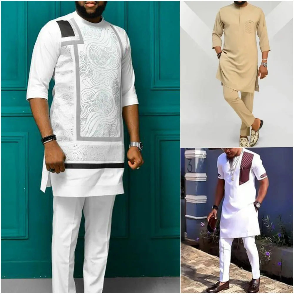 2023 Man 2pcs Sets African Ramadan Suits Men Round Neck T-shirt Pants Tops Trousers National Style Wedding Traditional Clothing