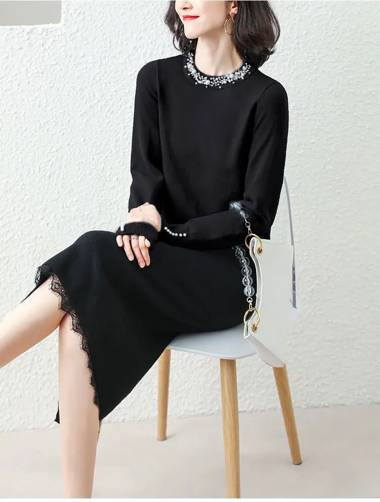 elegante cor sólida de malha emendado solto beading blusa feminina roupas primavera novo coreano pullovers comute camisa