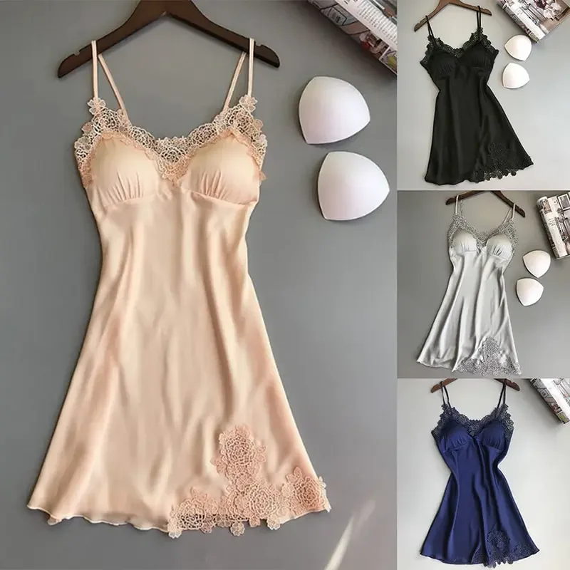 Camisola com suspensão de seda feminina, pijama sexy, cabeçada fina, vestidos noturnos de cetim, serviço doméstico, primavera e verão, seda gelada