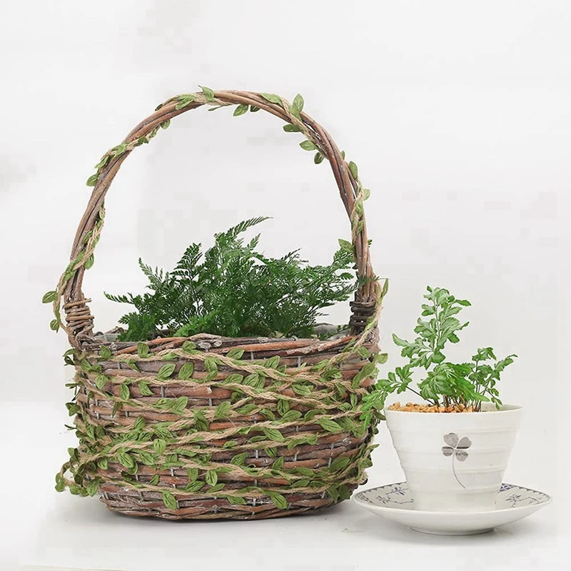 인공 잎이 달린 천연 황마 꼬임, DIY 선물 포장용 황마 꼬임, 웨딩 가든 (32.8ft), 2X, 5mm 헤시안 꼬임