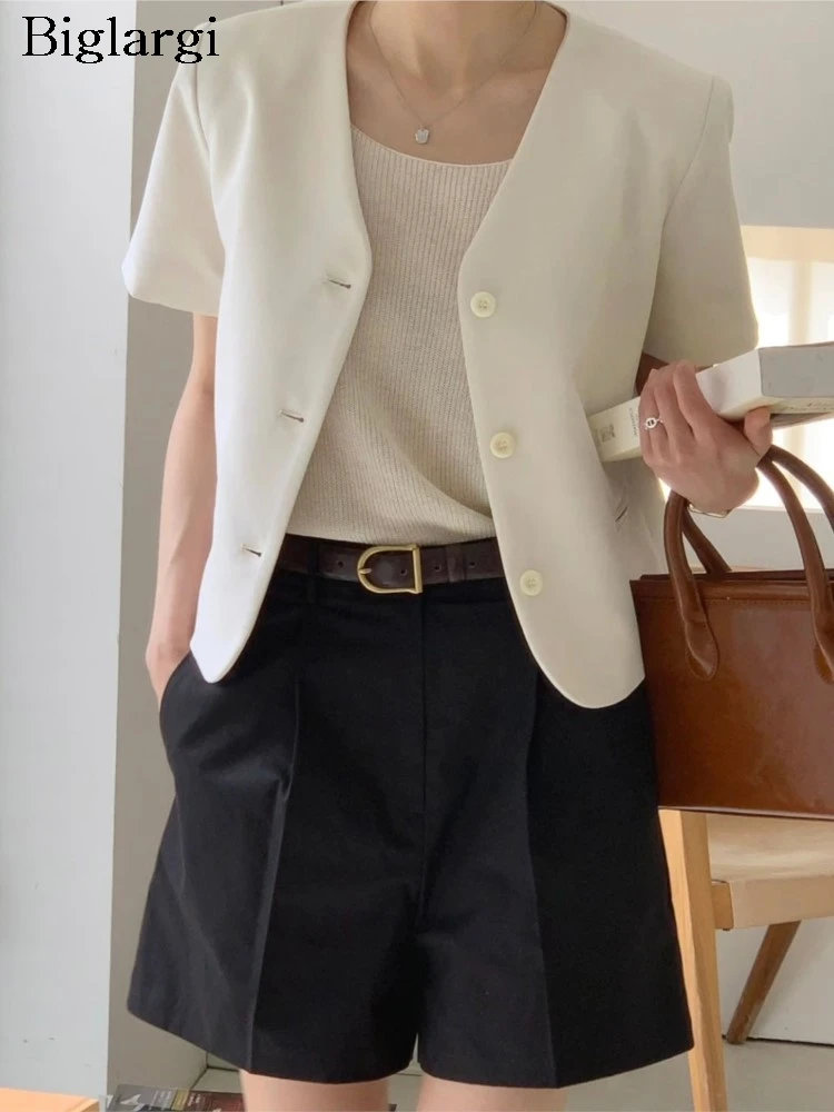 

Летний женский офисный модный Свободный плиссированный укороченный блейзер в Корейском стиле, Костюмные куртки, женские пальто с коротким рукавом