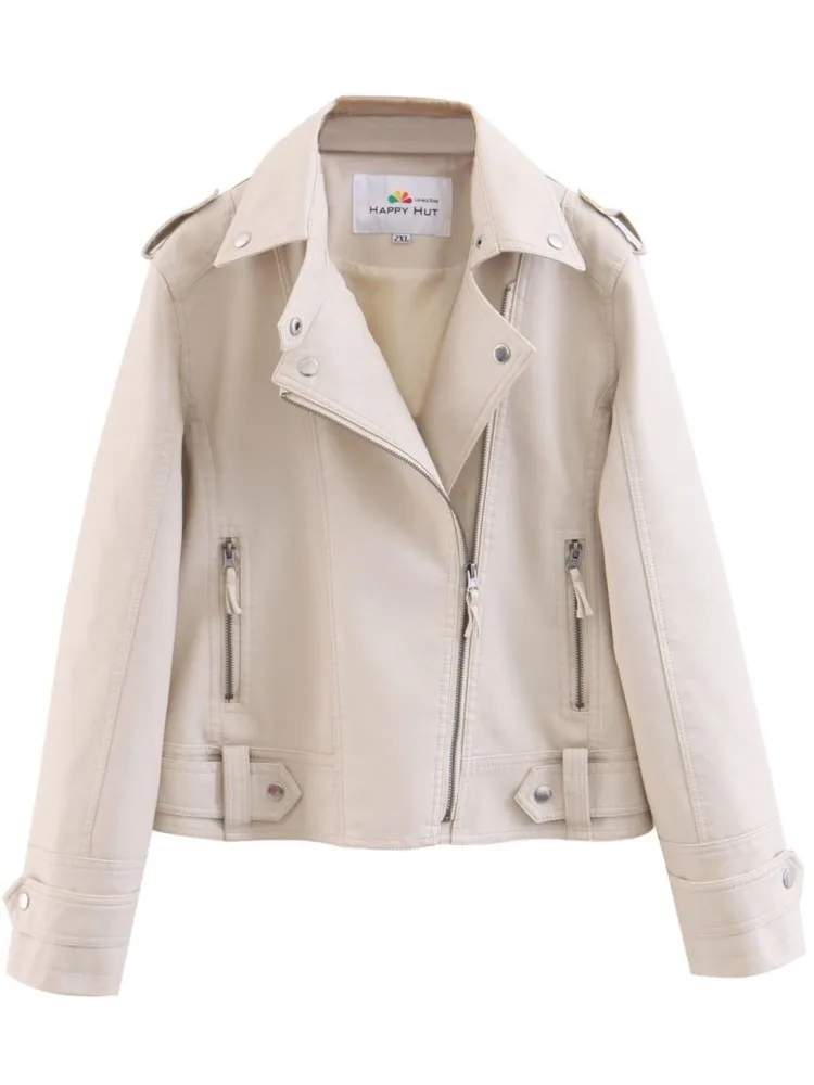 

Plus Size Motorcycle PU Leather Jacket Women's Clothing 2022 Spring Casual Fashion Quality Oblique Placket Metal Zipper Coat