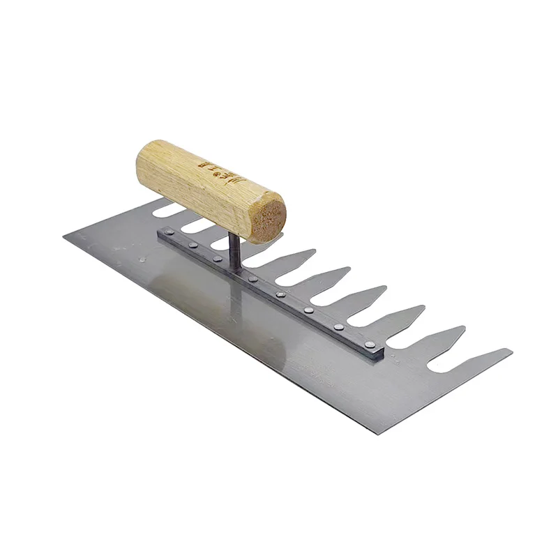 Left Rake Tooth Plastering Trowel Wood handle Carbon steel blade Length 300 mm Groove Depth 50mm Floor Tile Laying