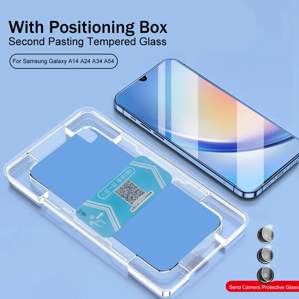 

2In1 With Positioning Box Second Pasting Tempered Glass Screen Protector For Samsung Galaxy A14 A24 A34 A54 5G 2023 Camera Glass