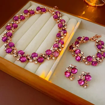 1/3 Pcs Vintage Purple Red Rhinestone Necklace Earrings Bracelet Set Leaf Flower Metal Necklace for Women Exquisite Jewelry Sets 1