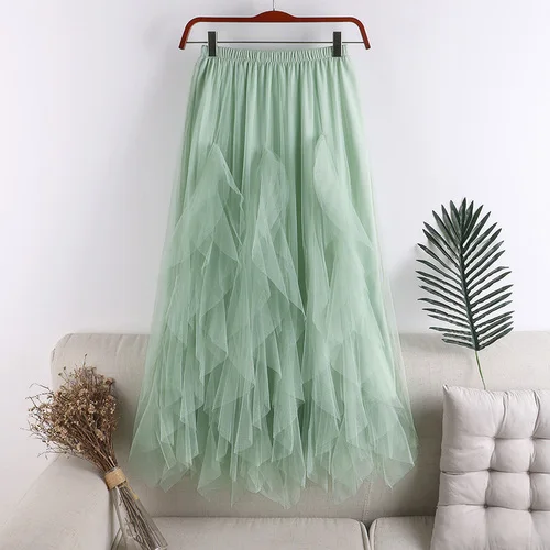 Vintage Elegant Solid Mesh Patchwork Women Skirts Korean High Waist Tassel Tulle Skirt Irregular A-Line Midi Faldas Mujer long skirts for women Skirts