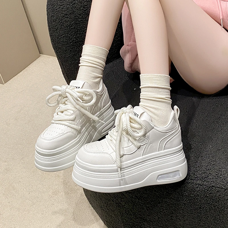 Women Leather Chunky Sneakers Spring Autumn Platform Casual Shoes Lace-up Breathable Sports Shoes Woman Vulcanized Shoes 8.5CM