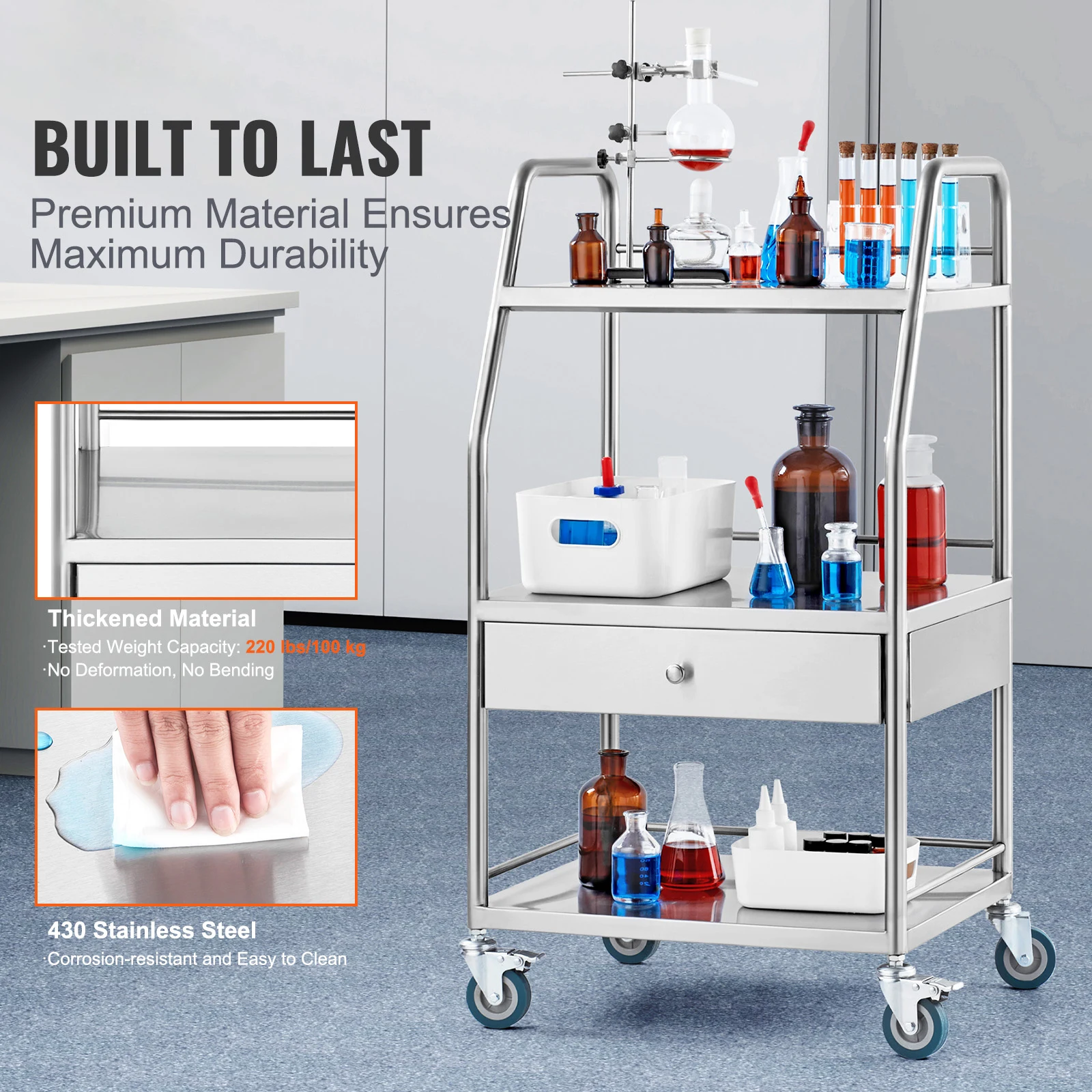 Stainless Steel 3 Layer Lab Serving Cart with Lockable Wheels