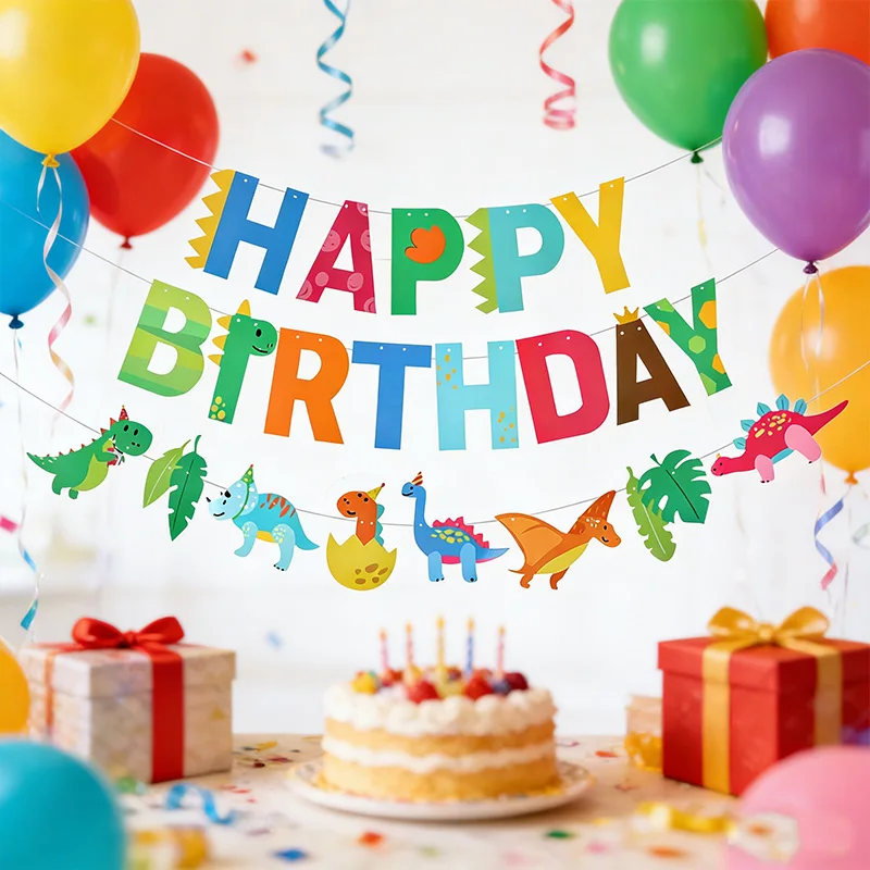 Cartoon-Dinosaurier Happy Birthday Girlande Kinder Jungen Mädchen Dschungel Geburtstagsparty Hängende Banner Flaggen Dekoration Baby-Shower-Geschenke – Detail 3