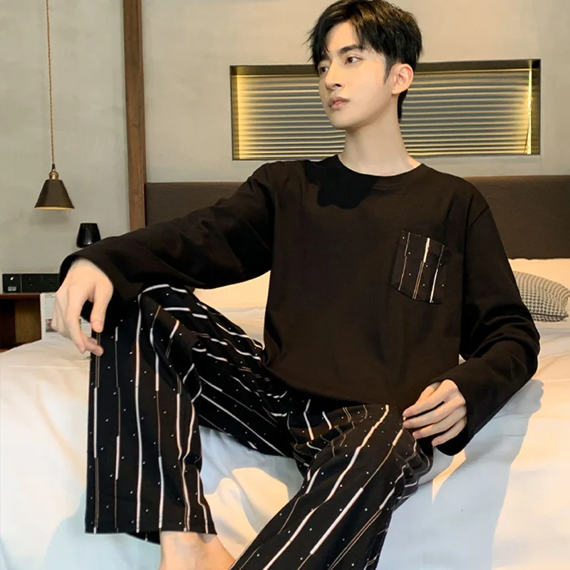 Pajamas Set Plus Size Men Autumn Winter Long-Sleeved Loose Leisure Cartoon Bear Striped 2PCS