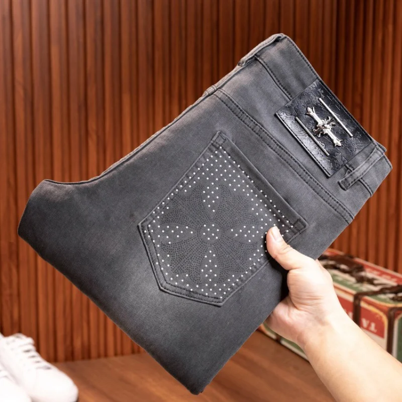 2024 New High-End Printed Jeans Men's Casual Street Trend Fashion Stretch Slim-Fitting Small Straight Pants