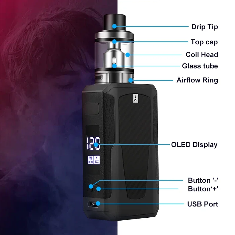 E8 120W Vape Box Mod E Cigarette Kit 1800mah Build-in Battery 2.5ml Tank OLED Screen Electronic Cigarette Vaporizer Hookah Vapor hookah pipe