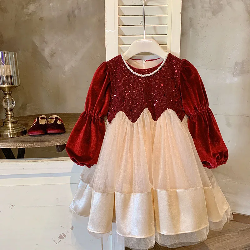 2025 Christmas Toddler Girl Velvet Dress Sequined Bling Party Gown Warm Fleece Tulle Skirt for Birthday Girls Princess Dress