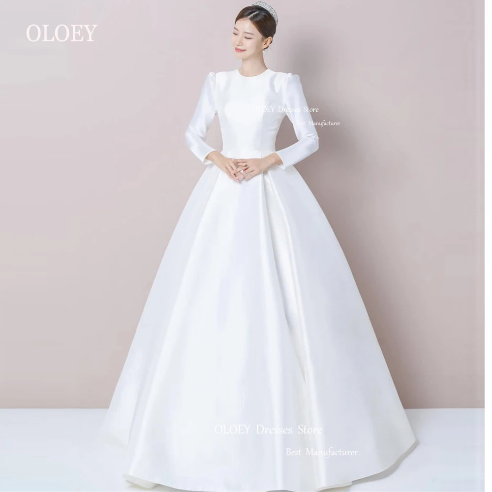 

OLOEY Simple Modest Satin A Line Korea Wedding Dresses Photoshoot Long Sleeves O-Neck Floor Length Bridal Gowns Mariage Custom