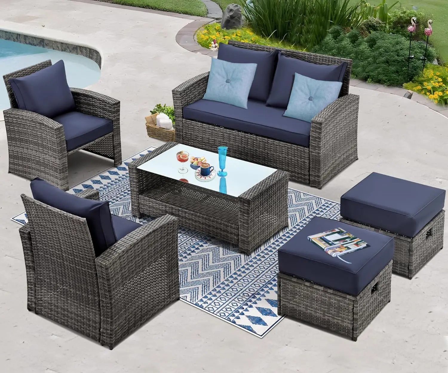 

6-Piece Patio Furniture Set, Outdoor Wicker Conversation Sets, Rattan Sectional Sofa w/Coffee Table, Cushions& 2 Ottoman