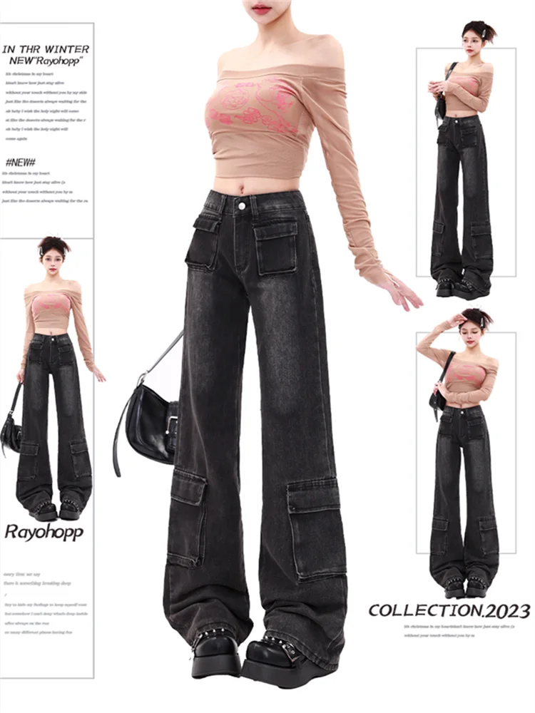 JRJL Gradient Jeans Woman 2023 New Fashion Streetwear Свободни дънки с ниска талия Vintage Повече от джоб Карго панталони с цяла дължина
