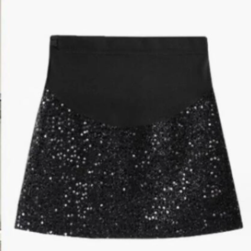 Pregnant Women's Short Skirt Spring and Autumn New Black Slimming Blingbling Bead Mini Skirt Fashion Maternity Sequin Slim
